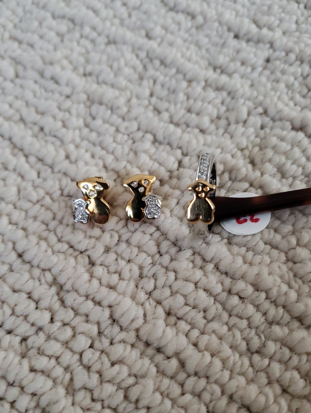 Gold Teddy Bear Cubic Zirconia Stud Earrings and Matching Ring